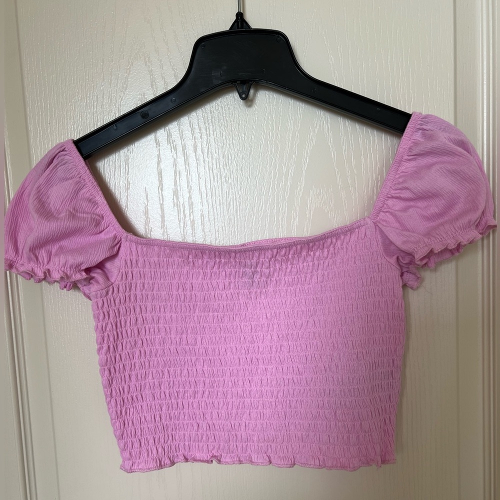 H&M Pink Smocked Puff Sleeve Crop Top size S